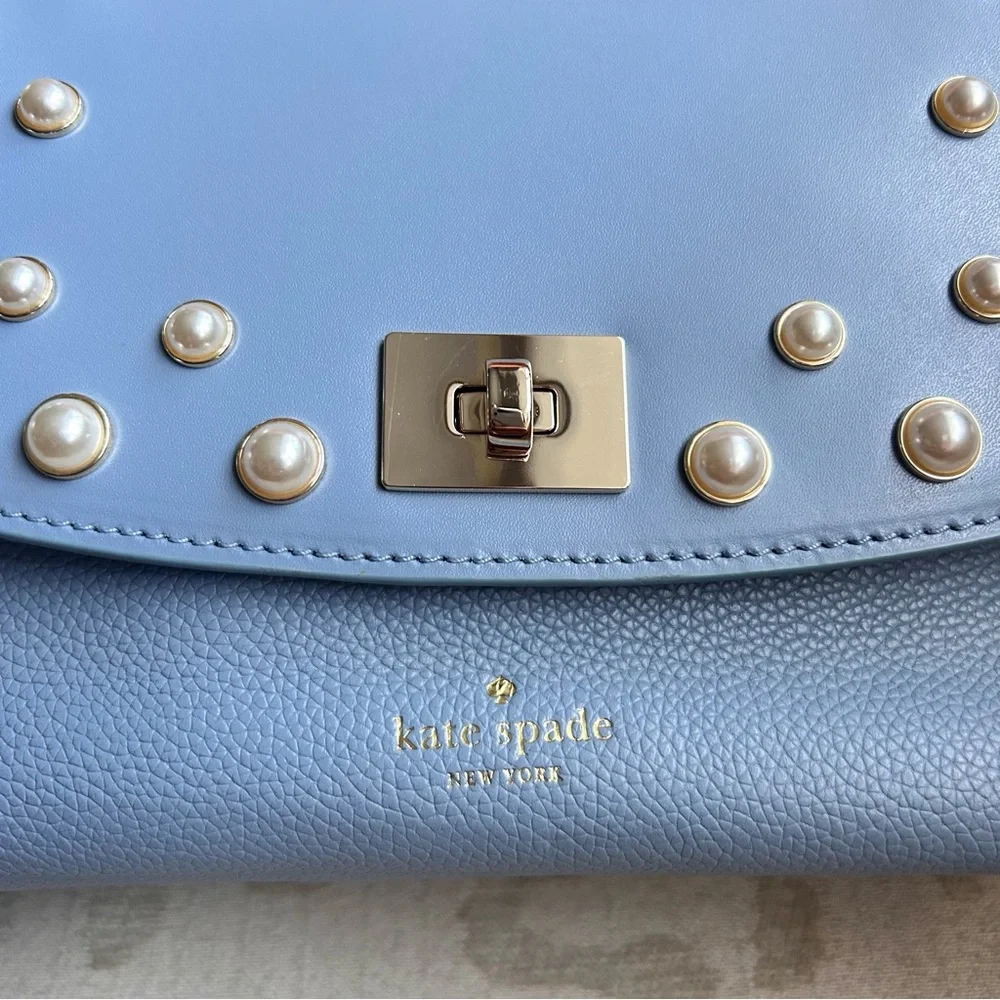 Kate Spade Serrano Place Pearl Shonna Baby Blue Leather Turnlock Flap Crossbody